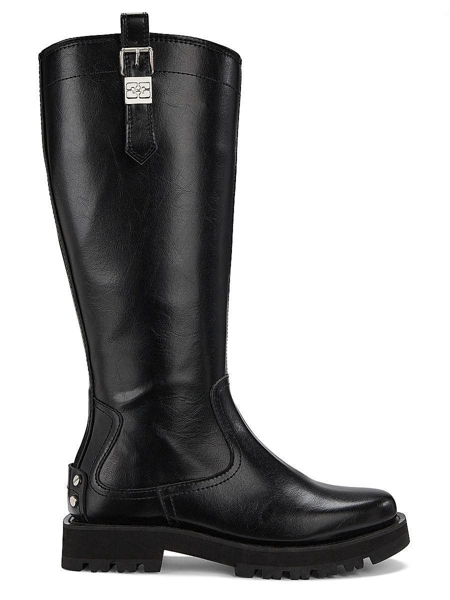 Women's Studs Crinkle Faux-Leather High Boots - Black - Size 10