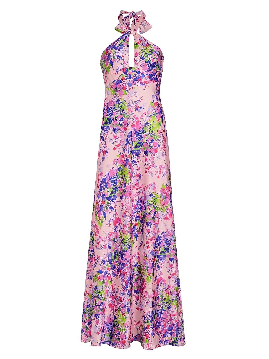 Women's Rose Satin Halter Maxi Dress - Pearl Pink Garden - Size 12