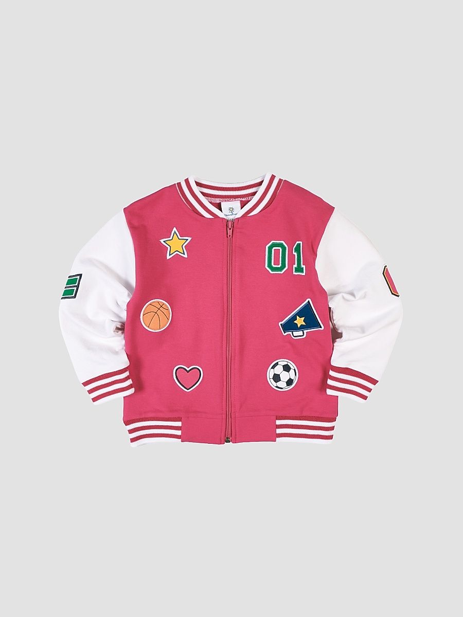 Little Girl's & Girl's French Terry Varsity Jacket - Fuchsia White - Size 7