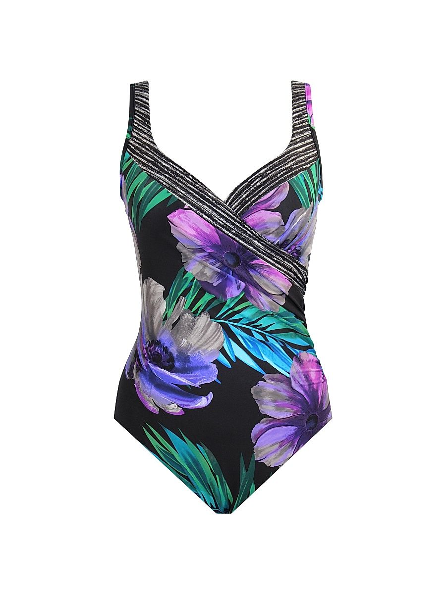 Women's Flora Aura Its A Wrap One-Piece Swimsuit - Black Multi - Size 14