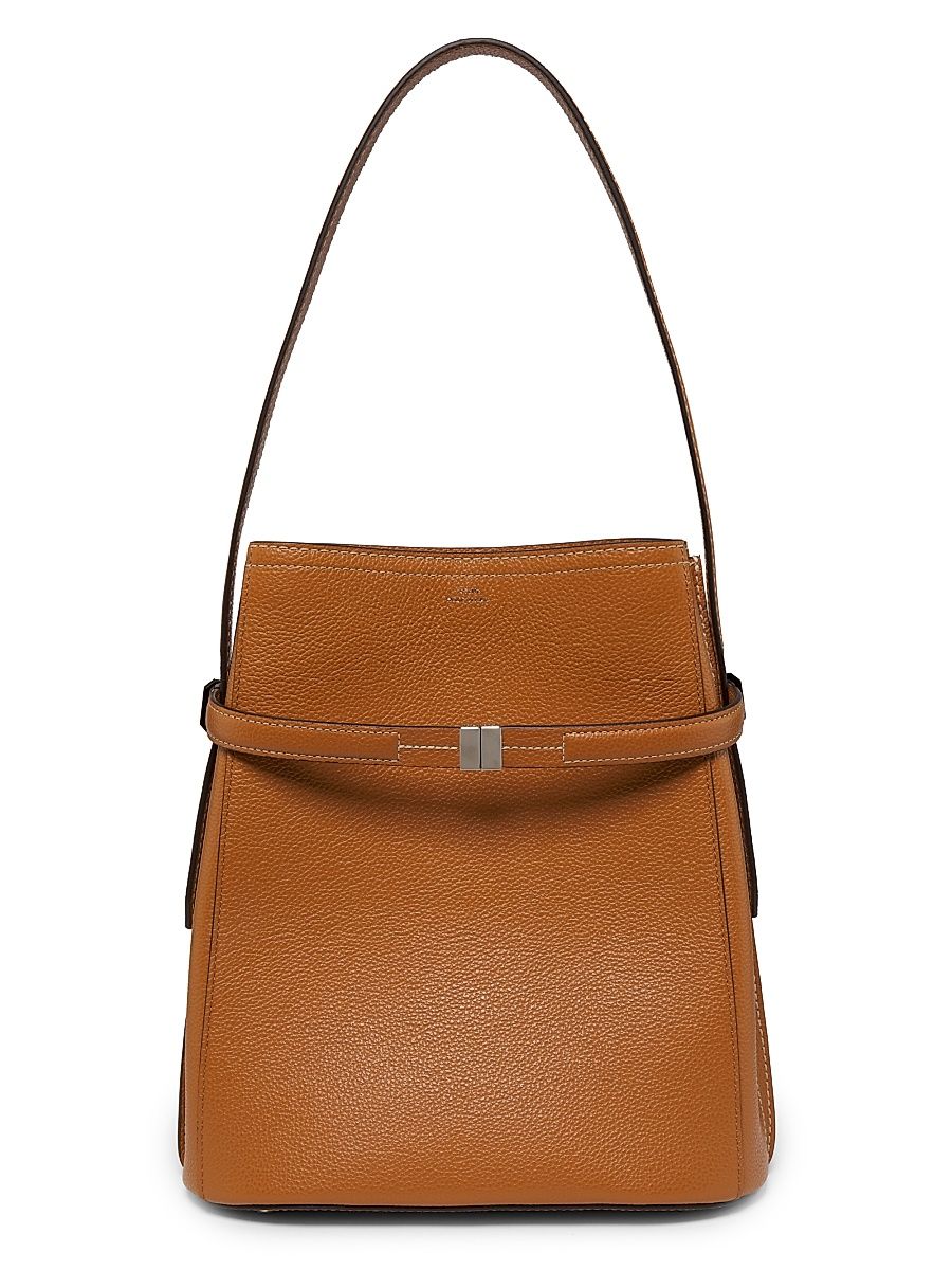 Women's Belted Leather Bucket Bag - Brown