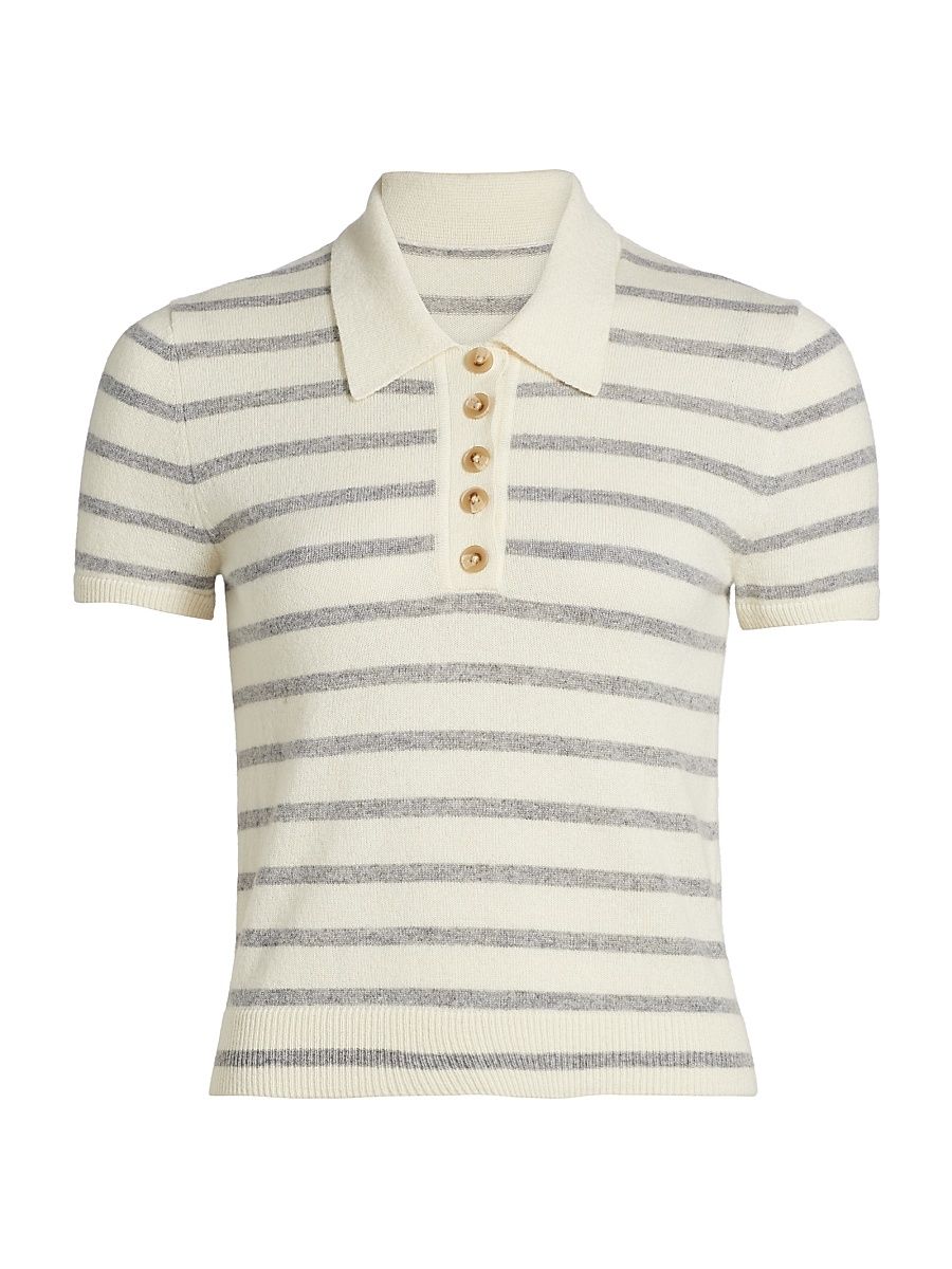 Women's Brandt Striped Cashmere Polo Top - Ivory Heather Grey - Size XS