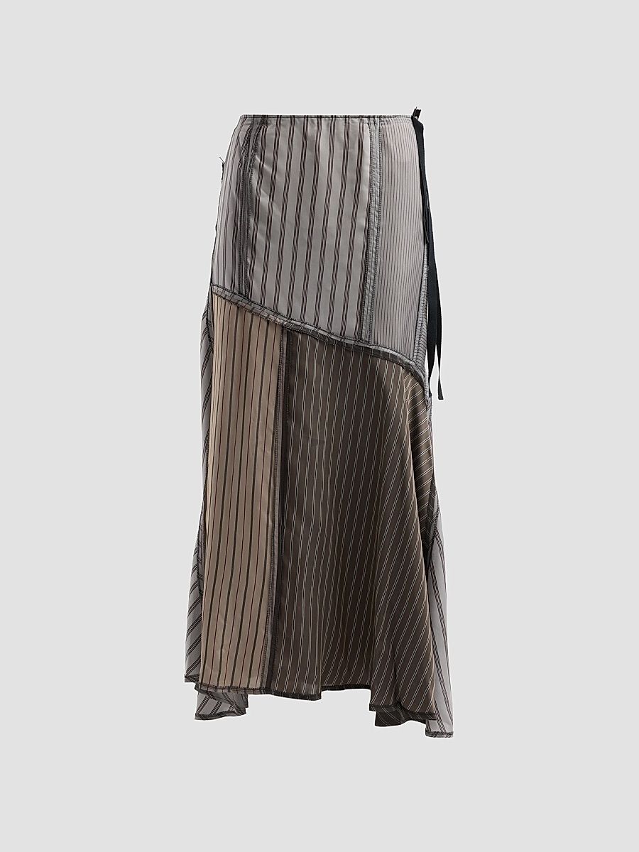Women's Striped Patchwork Cupro Midi Skirt - Mid Grey Steel - Size 10