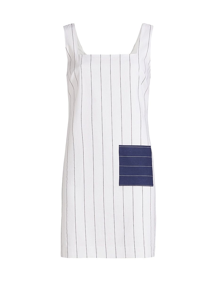 Women's Pinstripe Cotton-Linen Patch Minidress - White Blue - Size 14