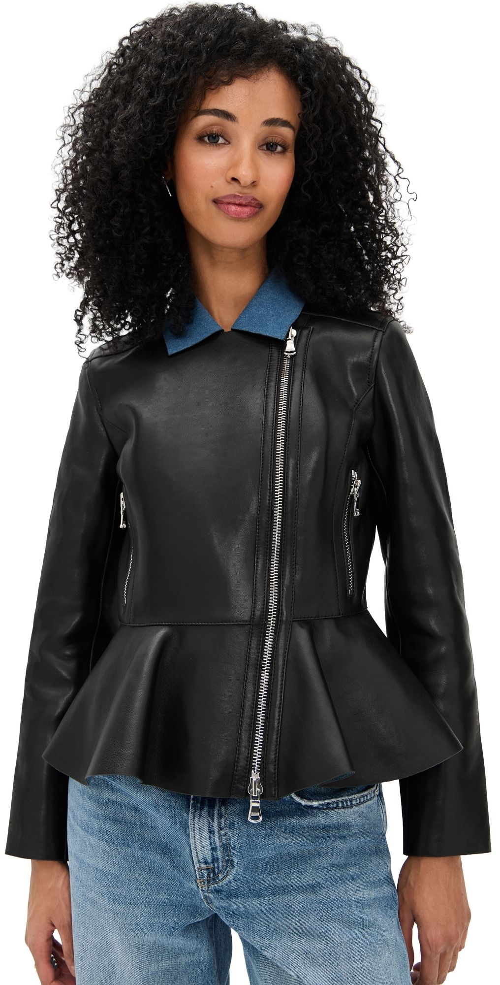 L'AGENCE Lyric Peplum Leather Biker Jacket Black/Denim Blue S