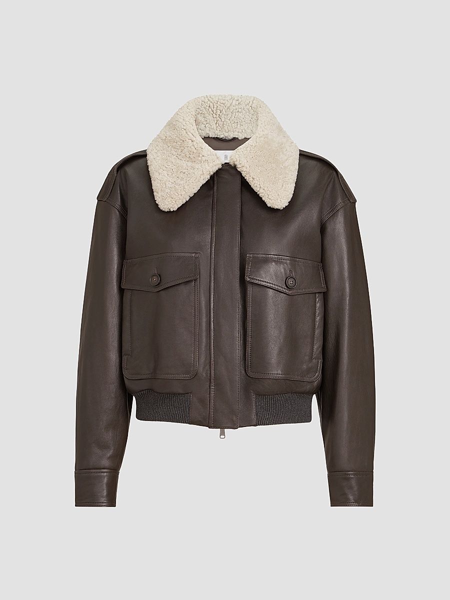 Women's Polished Nappa Leather Aviator Jacket - Coffee - Size 6
