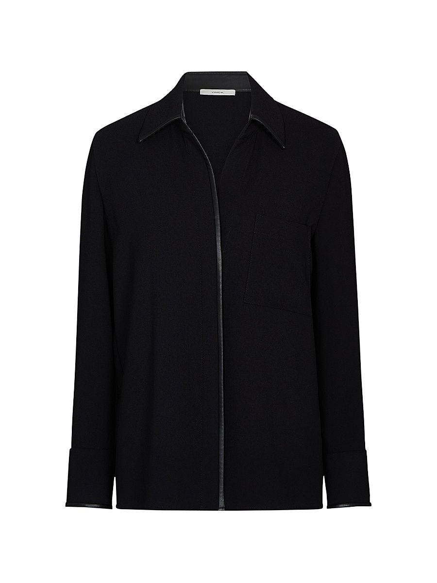 Women's Faux Leather-TrimCrepeBlouse - Black - Size XS