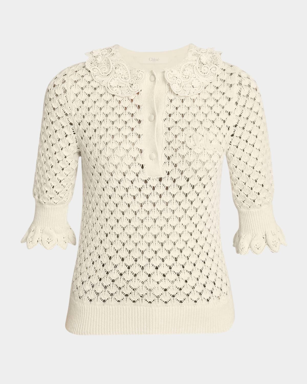 Lace-Collar Open Knit Polo Top
