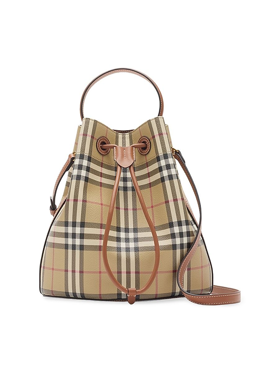 Women's Small Check Drawstring Bucket Bag - Brown