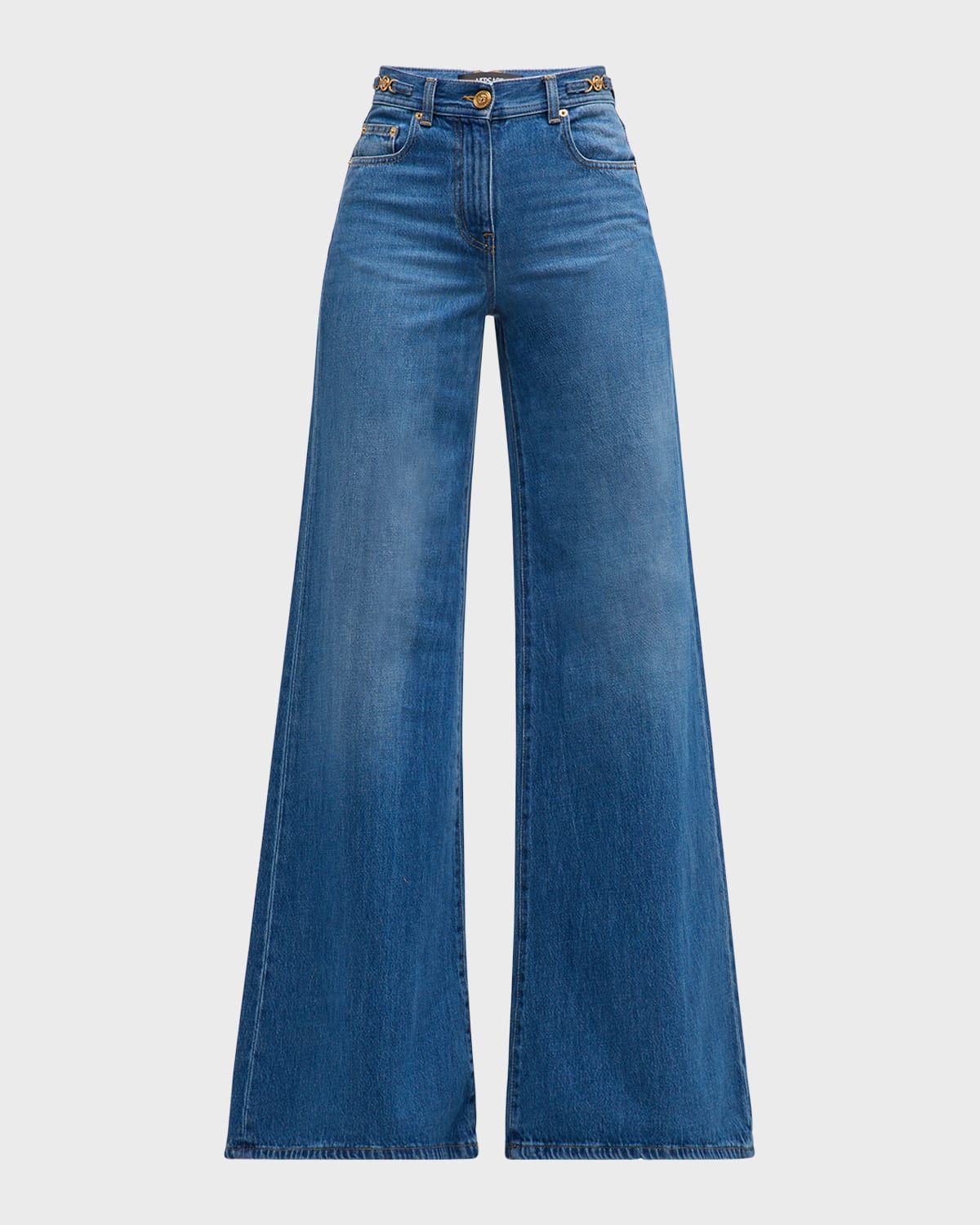 Mid-Rise Stone Wash Denim Wide-Leg Pants