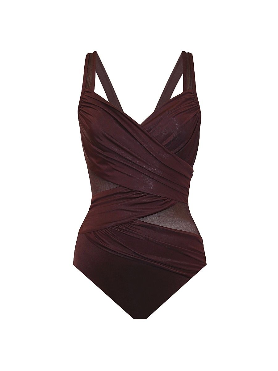 Women's Network Madero Ruched Criss Cross One-Piece Swimsuit - Sumatra Brown - Size 6