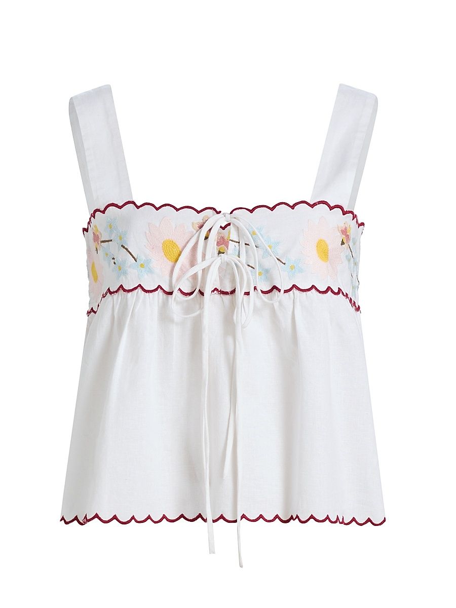 Women's Ander Embroidered Cotton-Linen Top - White - Size XS