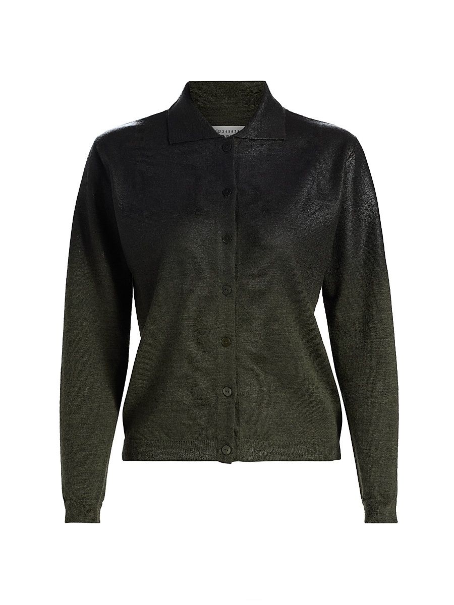 Women's Wool-Blend Collared Cardigan - Green Black - Size XS