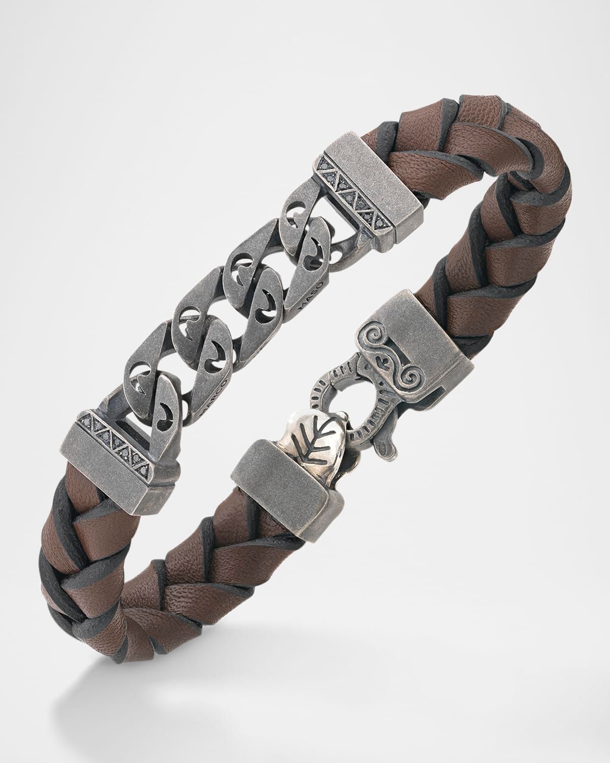 Men & apos;s Flaming Tongue Braided Leather and Silver Bracelet with Black Diamonds