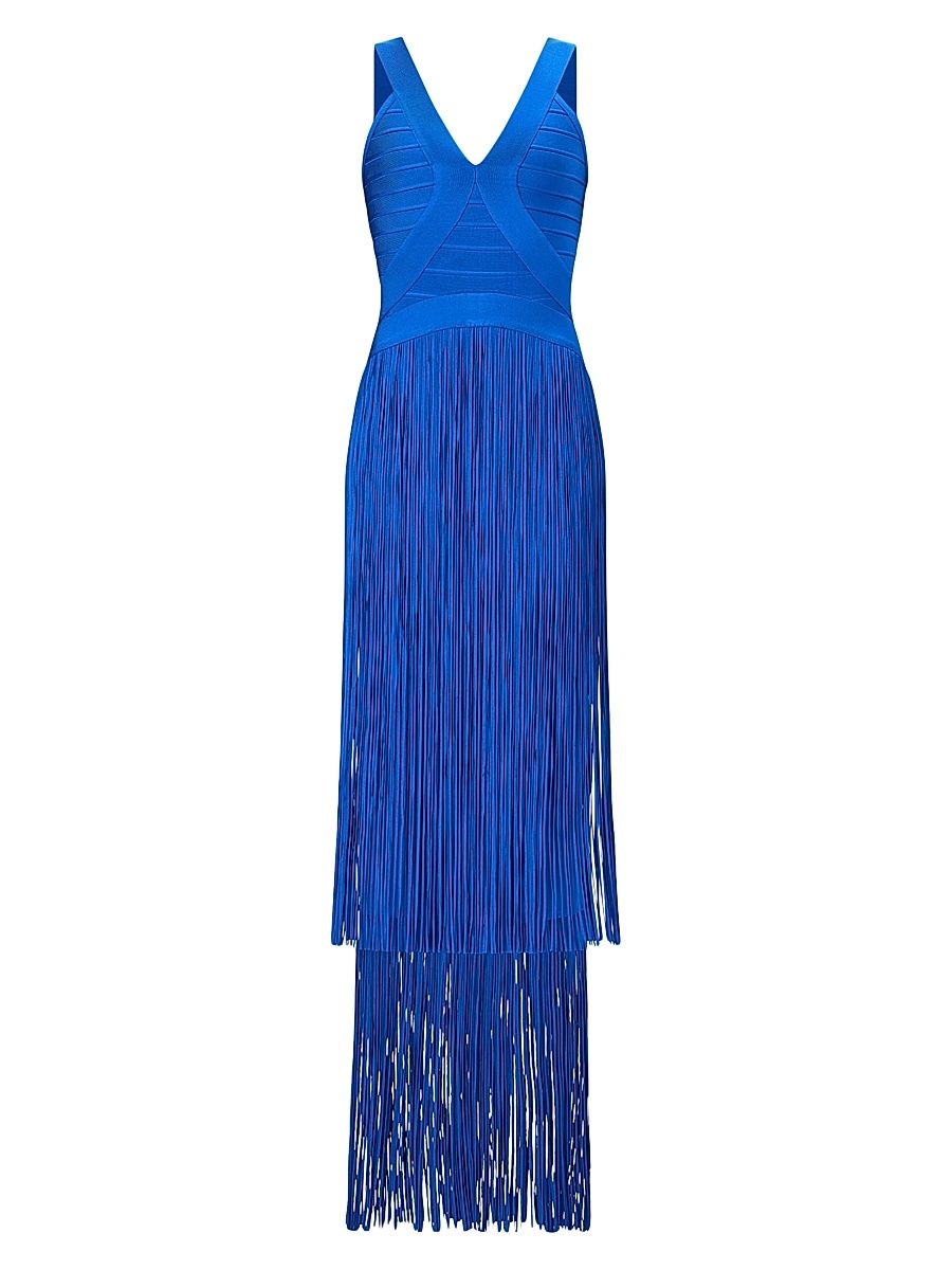 Women's The Brigitte Bandage Fringed Tiered Halterneck Gown - Bright Blue - Size Small