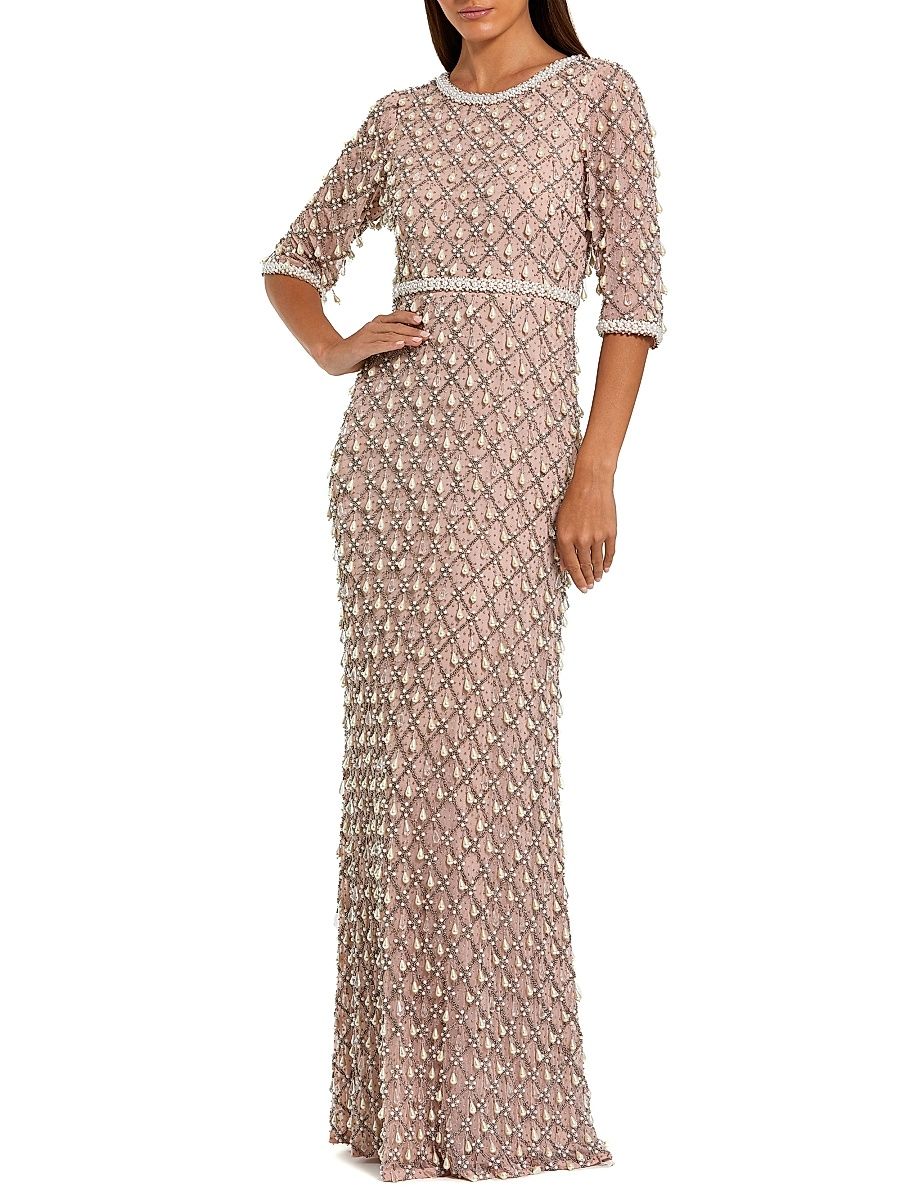 Women's Embellished Mesh Gown - Light Rose - Size 14