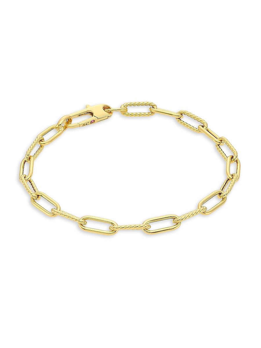 Women's 18K Yellow Gold Polished & Fluted Paper Clip Chain Bracelet - Yellow Gold - Size 7