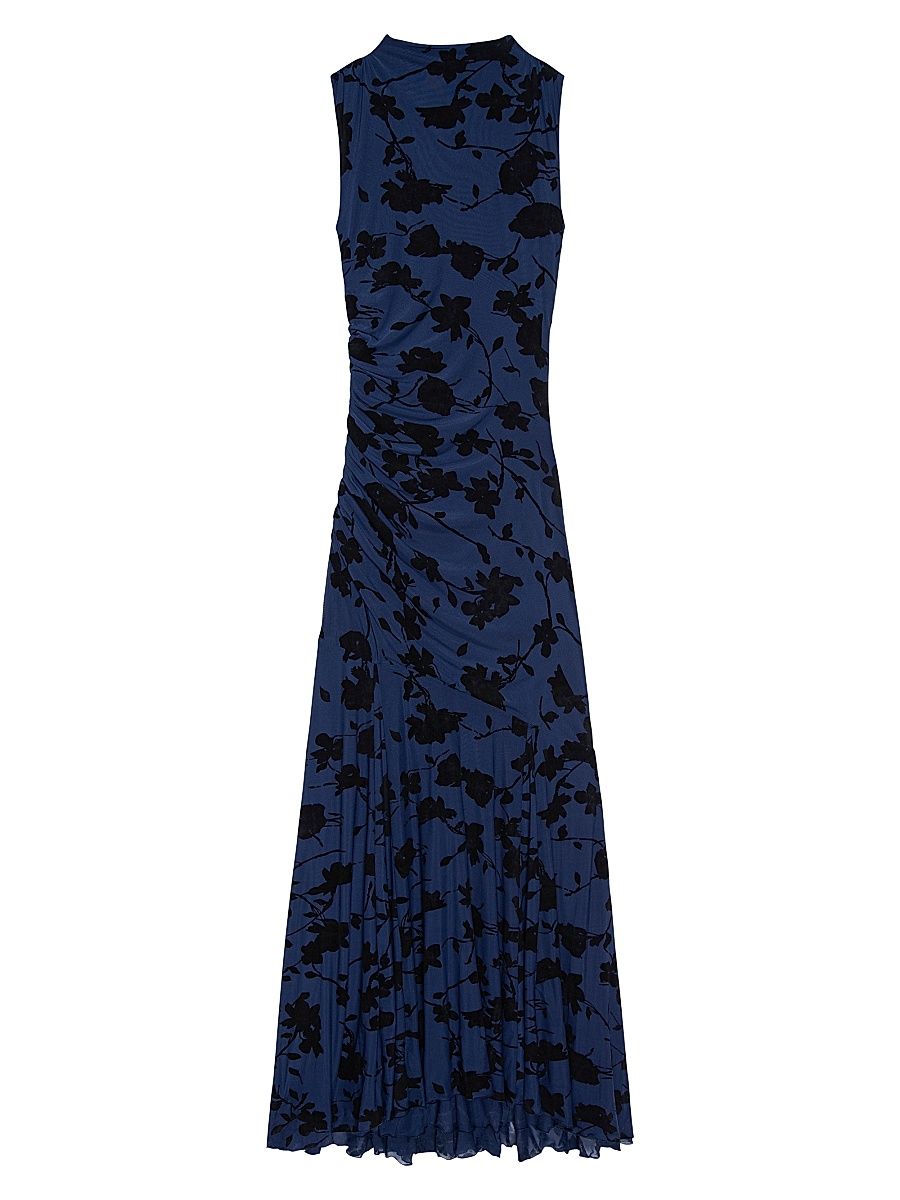 Women's Cosmos Floral Ruched A-Line Gown - Navy Tossed Roses - Size Large