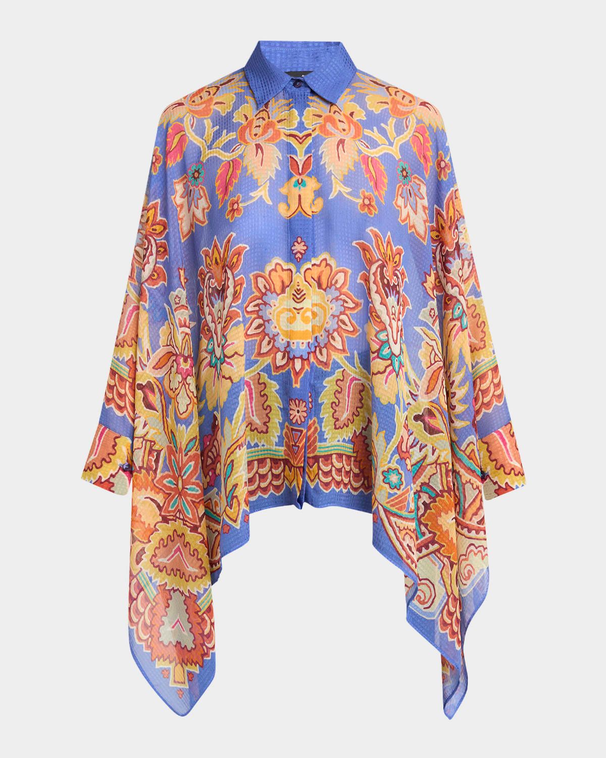 Blue Bouquet Button-Down Poncho