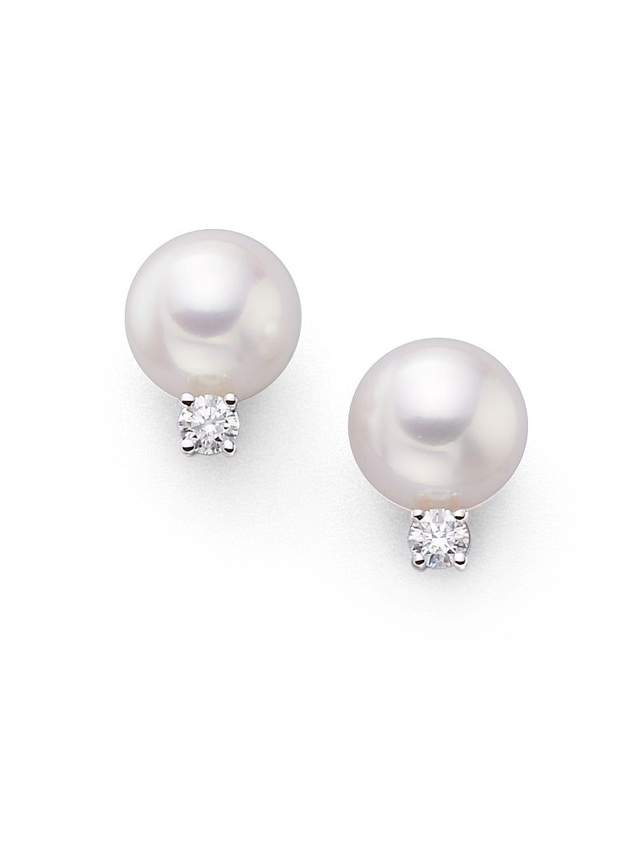 Women's 7MM White Cultured Akoya Pearl, Diamond & 18K White Gold Earrings - White Gold