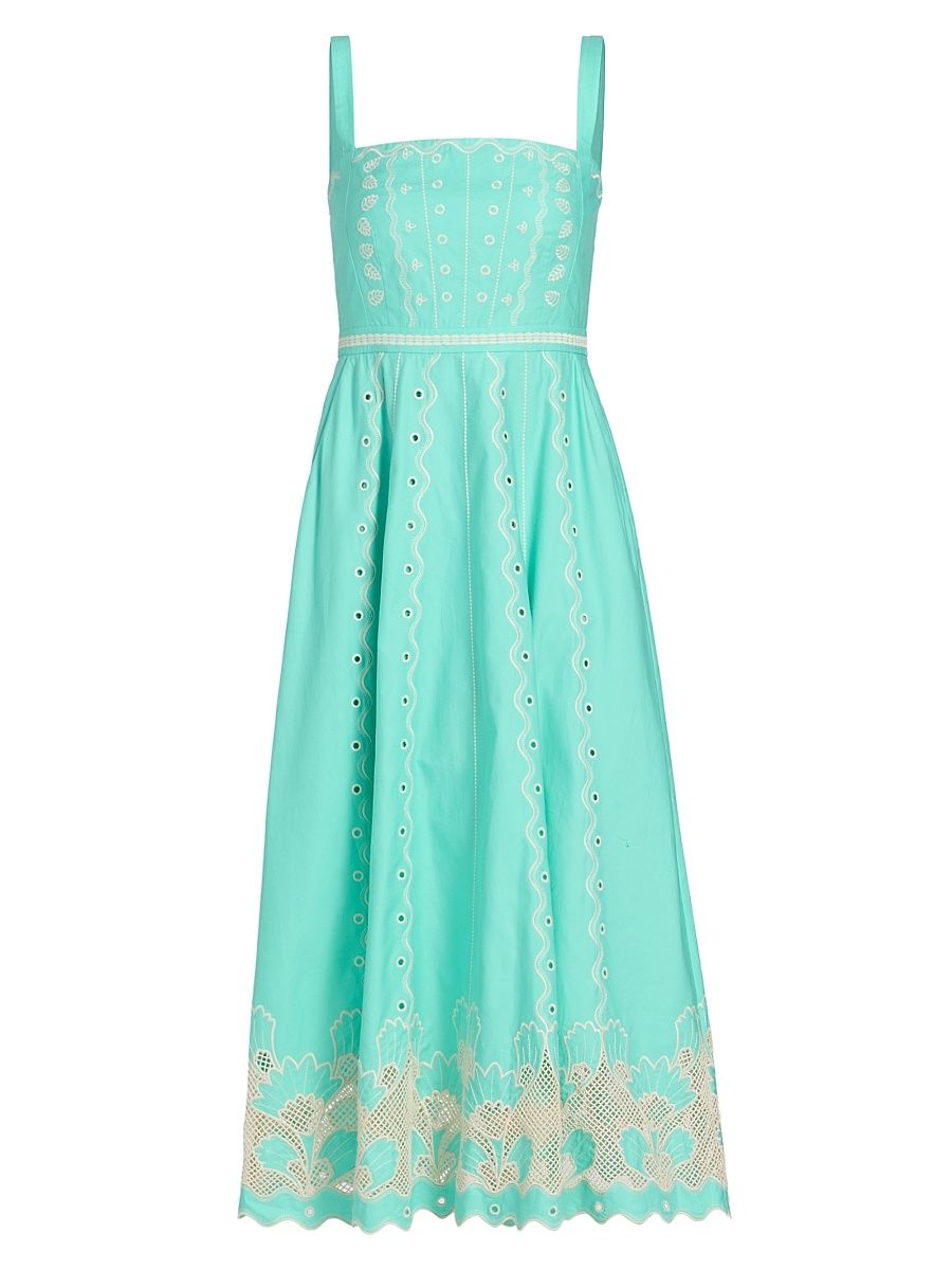 Women's Aurora Embroidered Cotton Midi-Dress - Freshmint Trellis - Size 8
