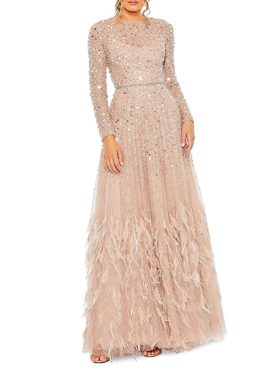 Women's Petite Sequin-Embellished Fit & Flare Gown - Dusty Rose - Size Petite 14