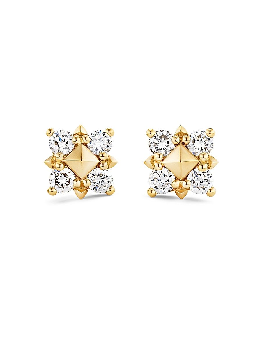 Women's Petite Modern Renaissance Pyramid Pearl Stud Earrings in 18K Yellow Gold with Diamonds, 8MM - Diamond