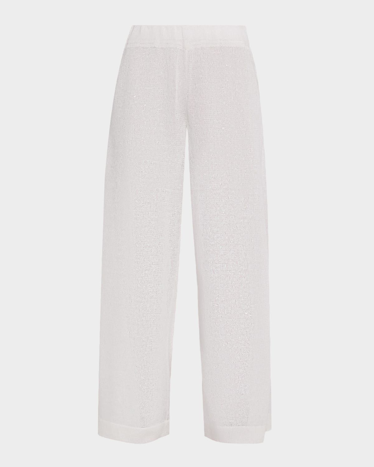 Linen-Silk Paillette Knit Straight-Leg Pull-On Pants
