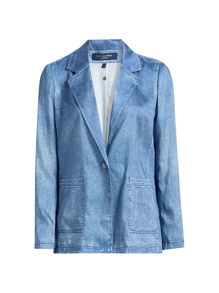 Women's Veronica Denim-Printed Satin Blazer - Light Indigo - Size XL