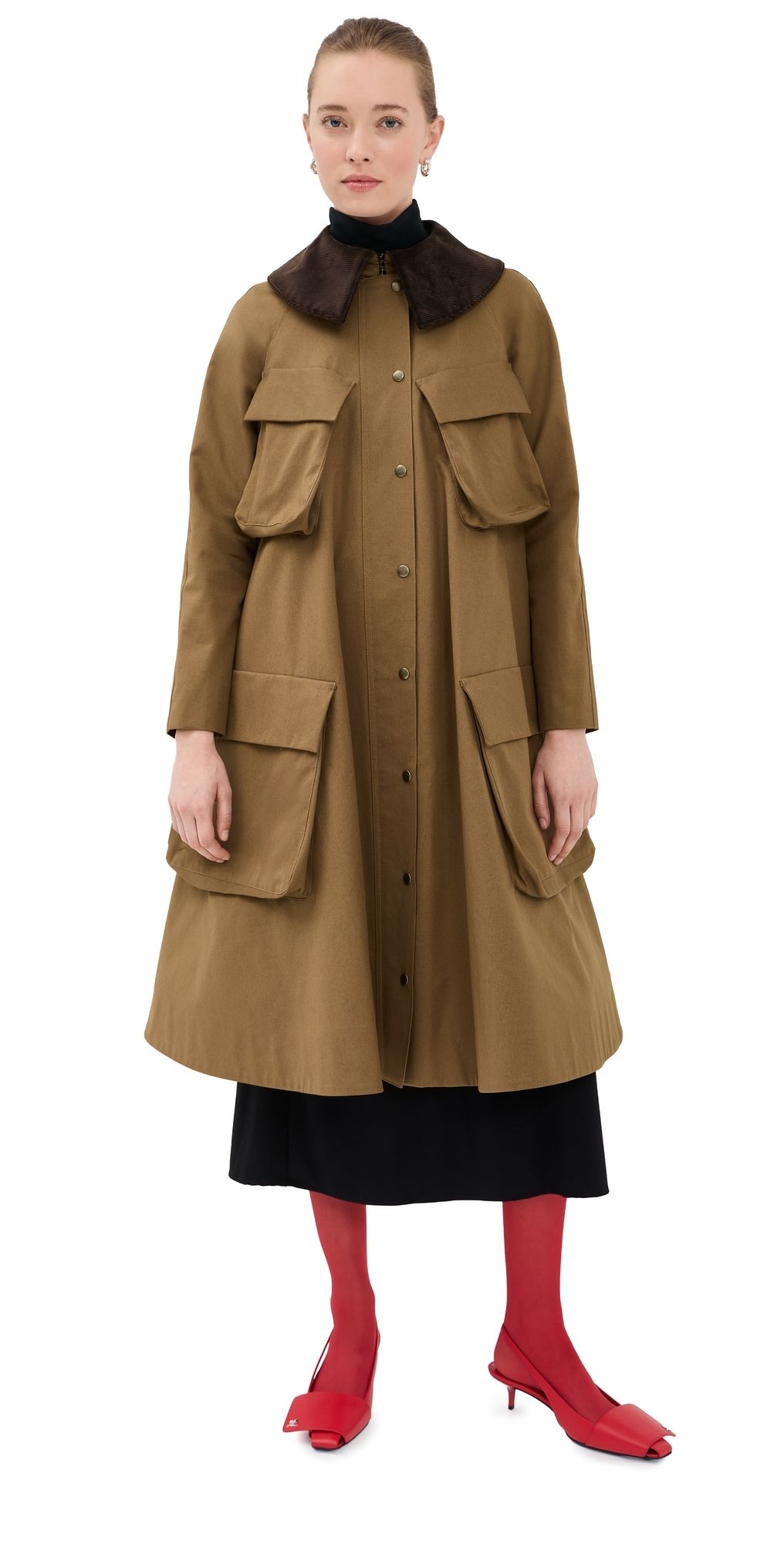 A. W.A. K.E. MODE Long Flared Trench Coat Khaki Brown M