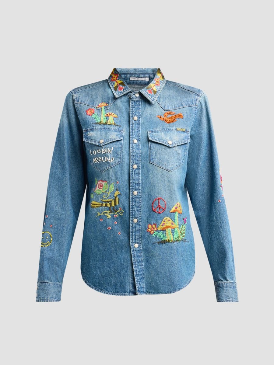 Mother Women's The All My Exes Embroidered Denim Shirt - Hitting The Motherlode - Size XL