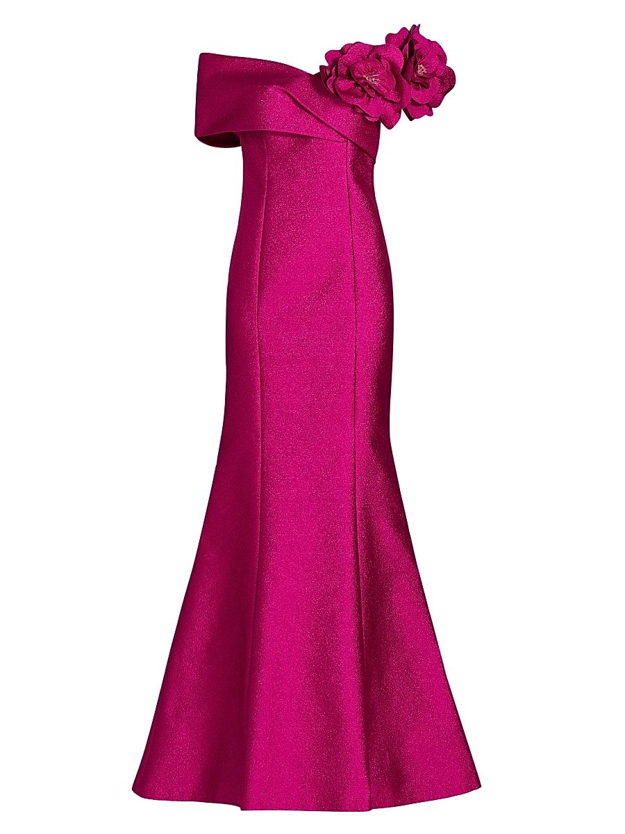 Women's Flower Off-Shoulder Jacquard Gown - Berry - Size 12
