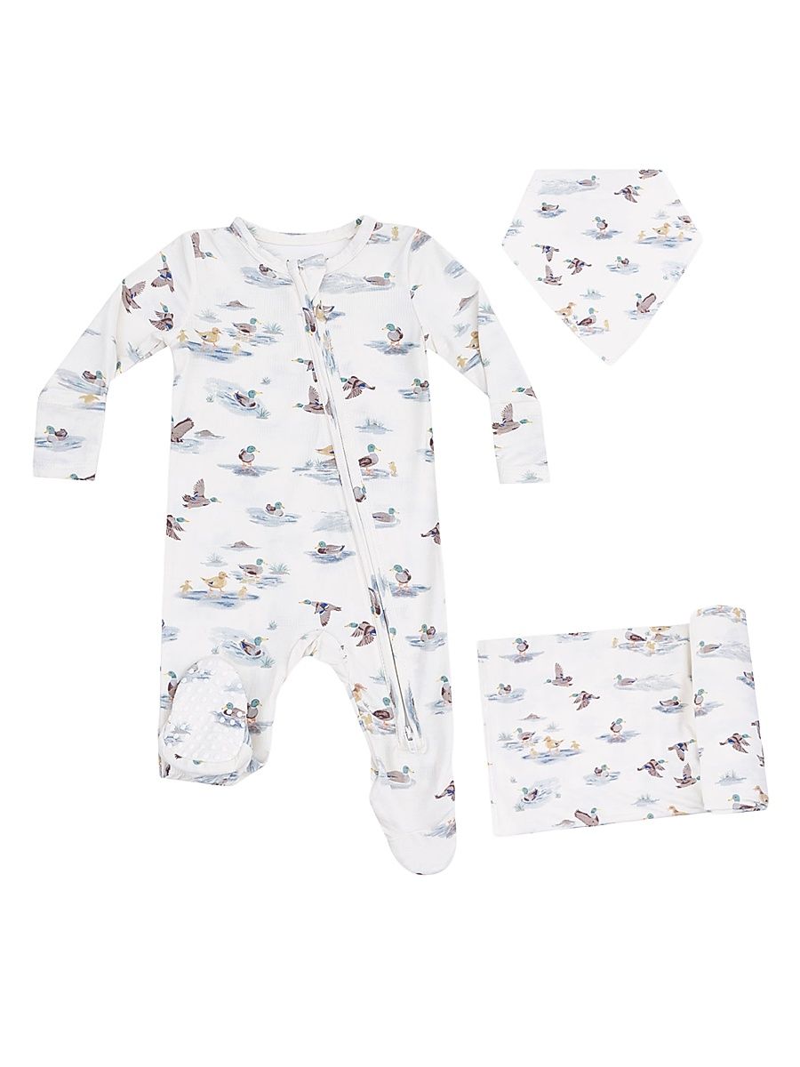 Baby Boy's Migrating Mallards Zip Footie, Swaddle Blanket & Bib Set - Green - Size 6 Months