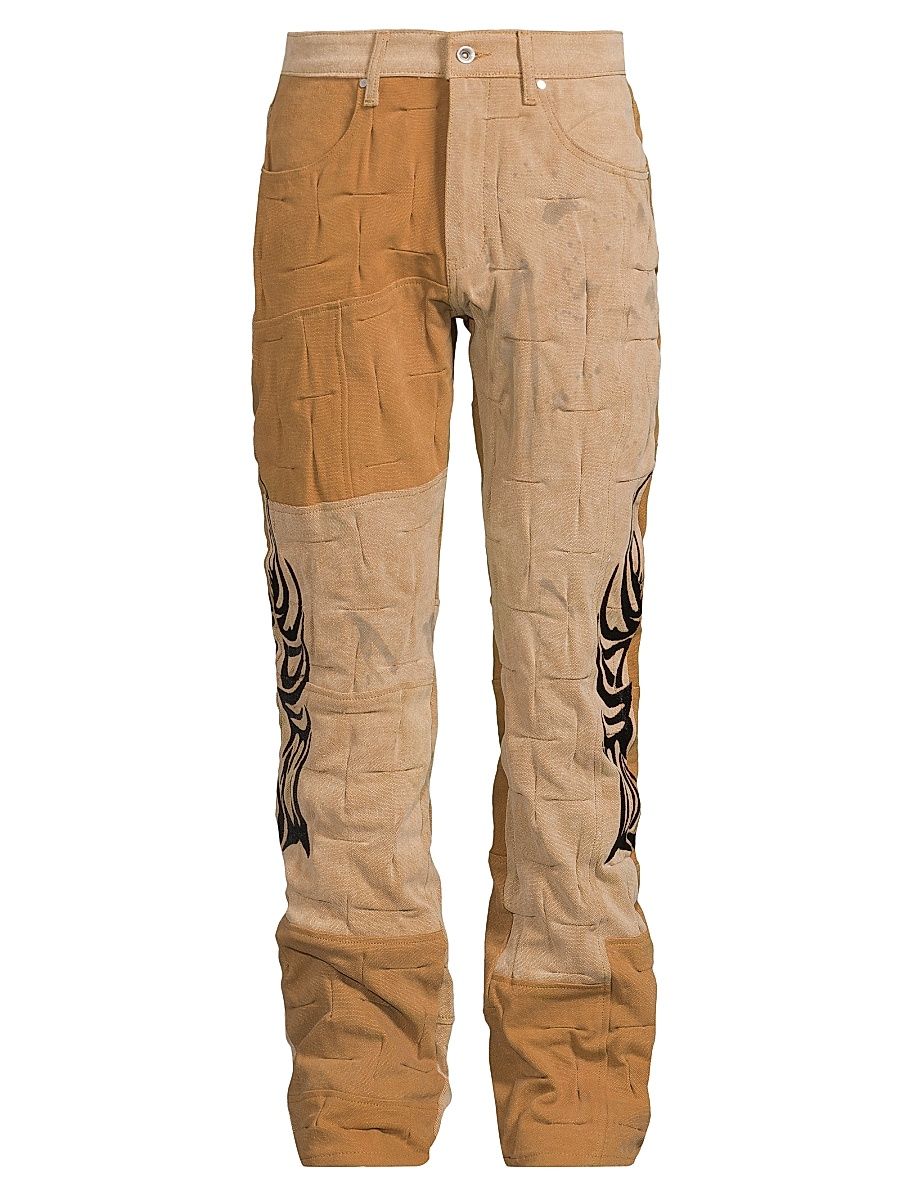 Men's Gathered Abstract Cotton Straight-Leg Trousers - Tan - Size 32