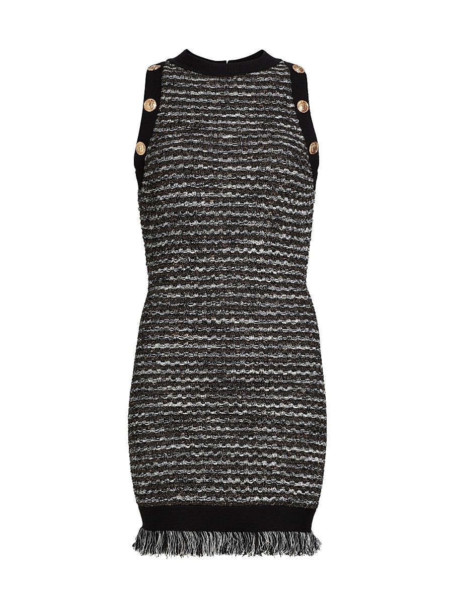 Women's Fringe Tweed Sleeveless Minidress - Black Gold Multi - Size Large