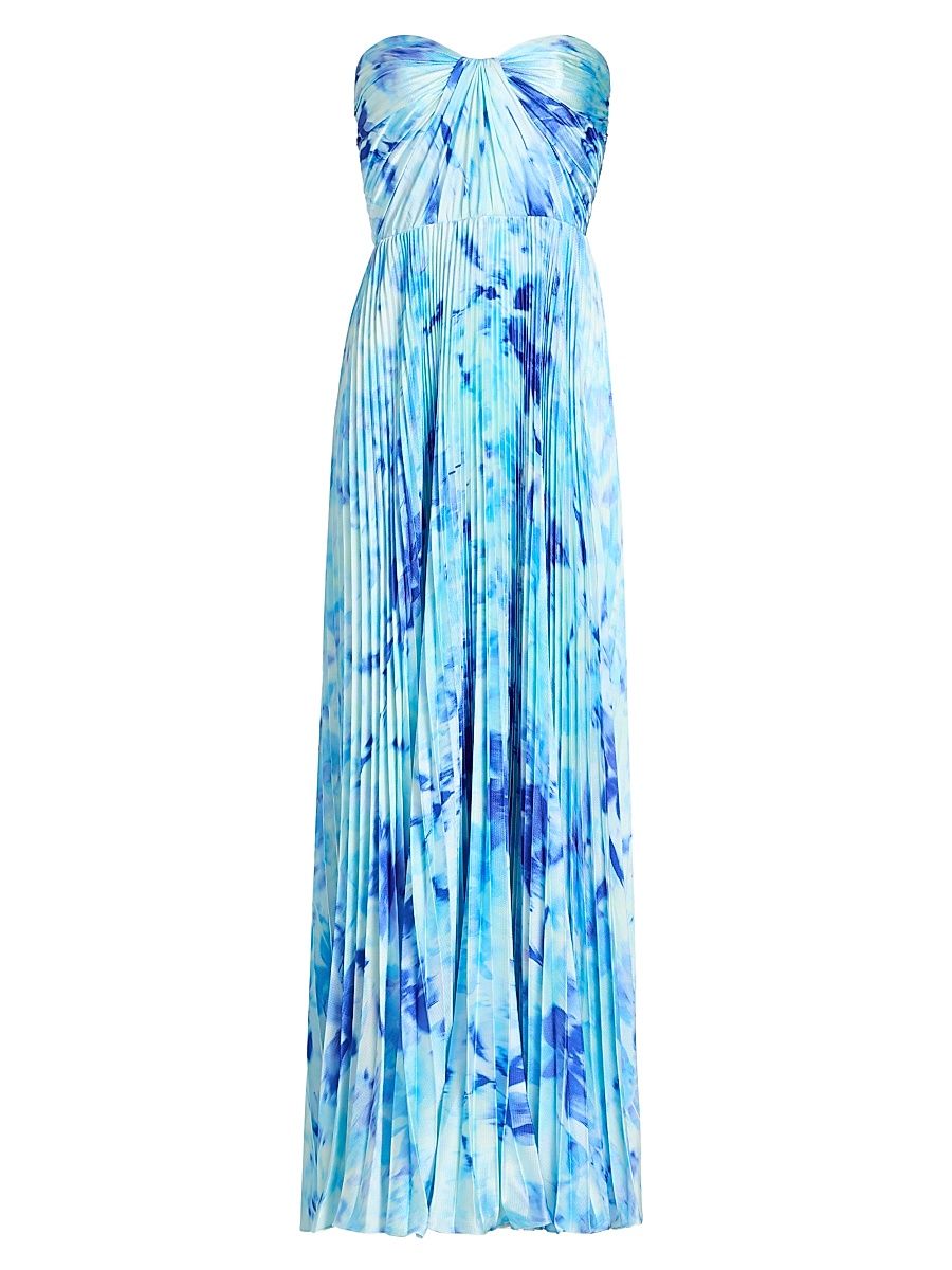 As It May Women's Naomi Abstract Print Satin Strapless Gown - Blue Spring Lillies - Size XL