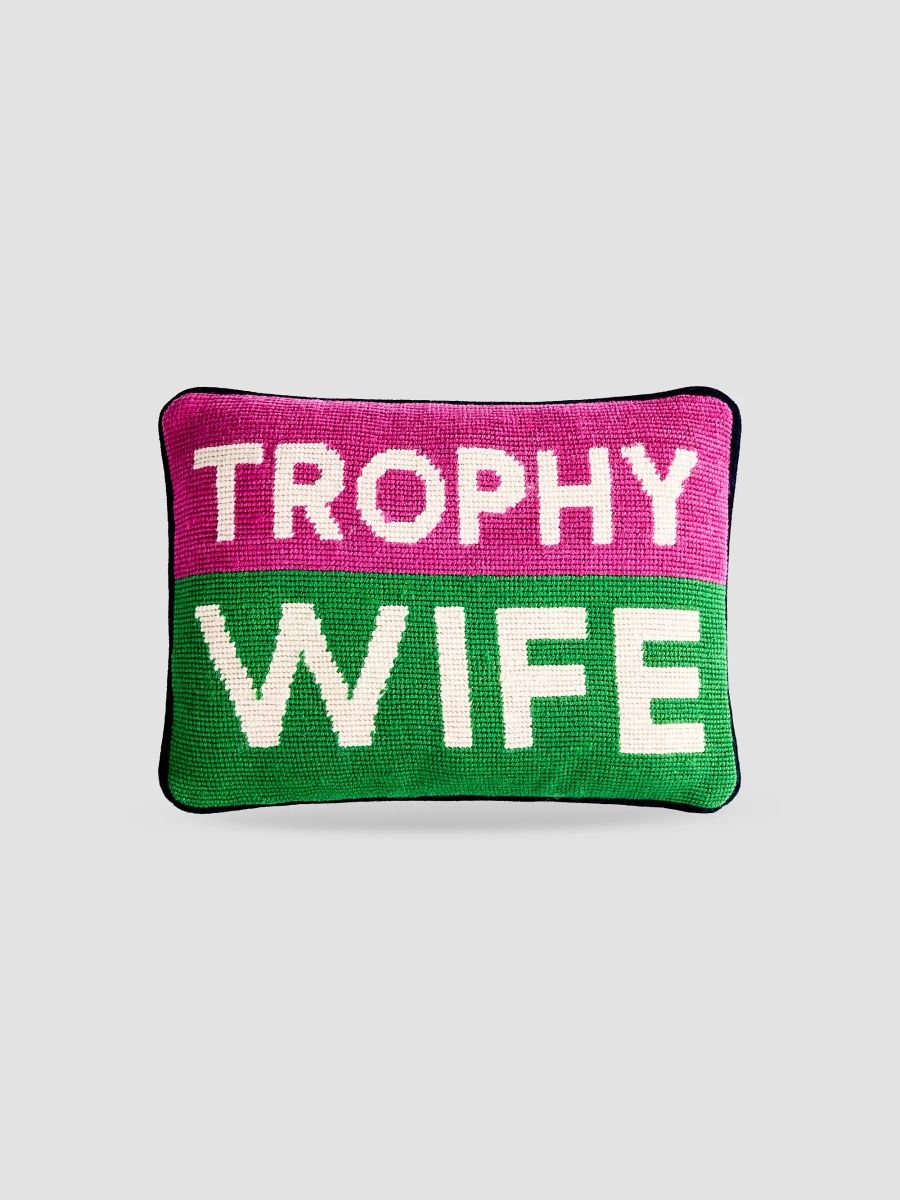 Jonathan Adler Trophy Wife Personality Needlepoint Pillow - Pink Green