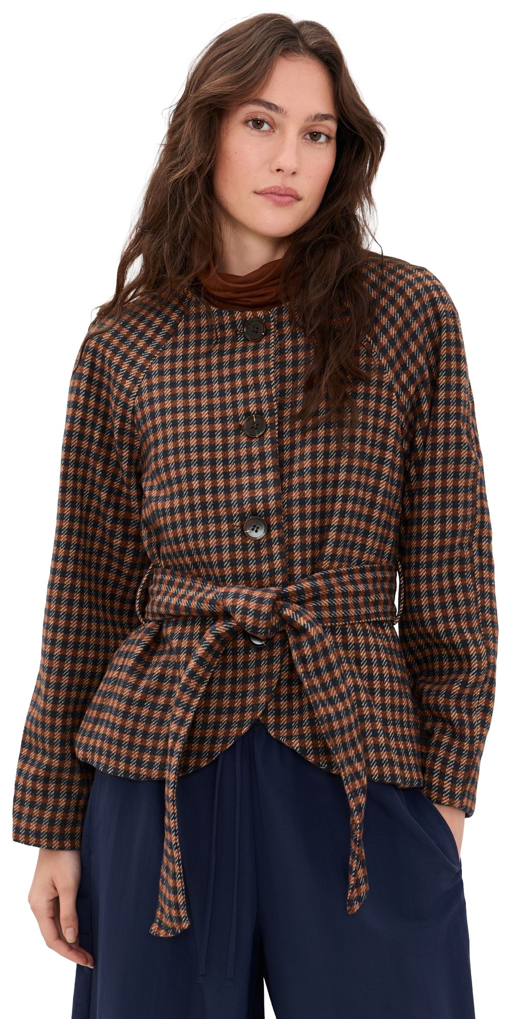 Moon River Round Neck Waist Tie Jacket Brown Multi S