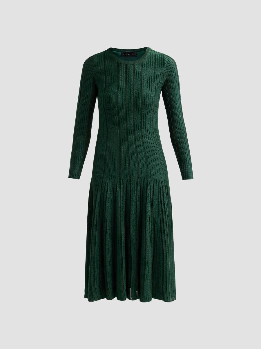 Elie Tahari Women's Leah Metallic Rib-Knit Crewneck Midi Dress - Emerald Carat Lurex - Size XL
