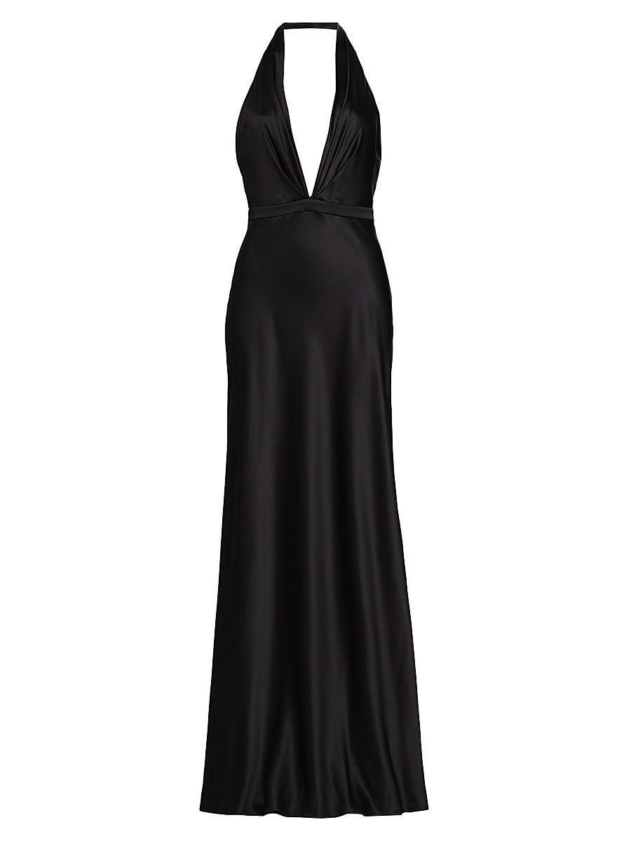 Women's Essy Silk Plunging V-Halterneck Gown - Black - Size 10