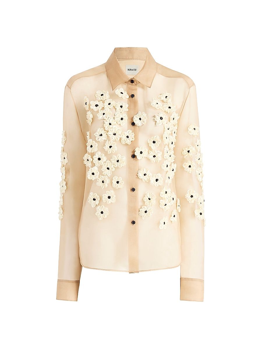 Women's Argo Floral-Embroidered Silk Shirt - Tea Stain Scatter - Size XL