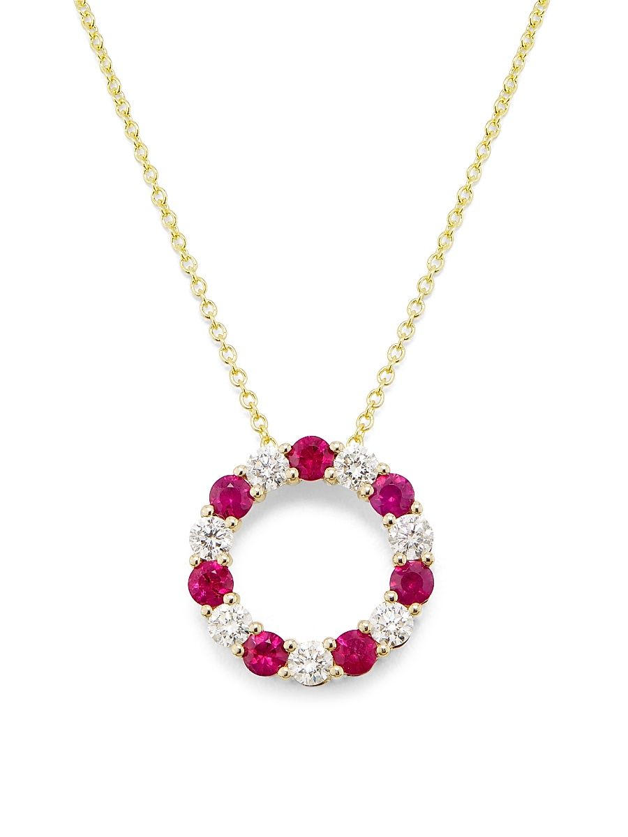 Women's 14K Yellow Gold, Ruby & 0.69 TCW Diamond Circle Pendant Necklace - Yellowgold