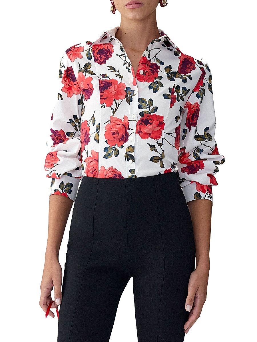 Women's Rose-Print Cotton Shirt - White Multi - Size 2