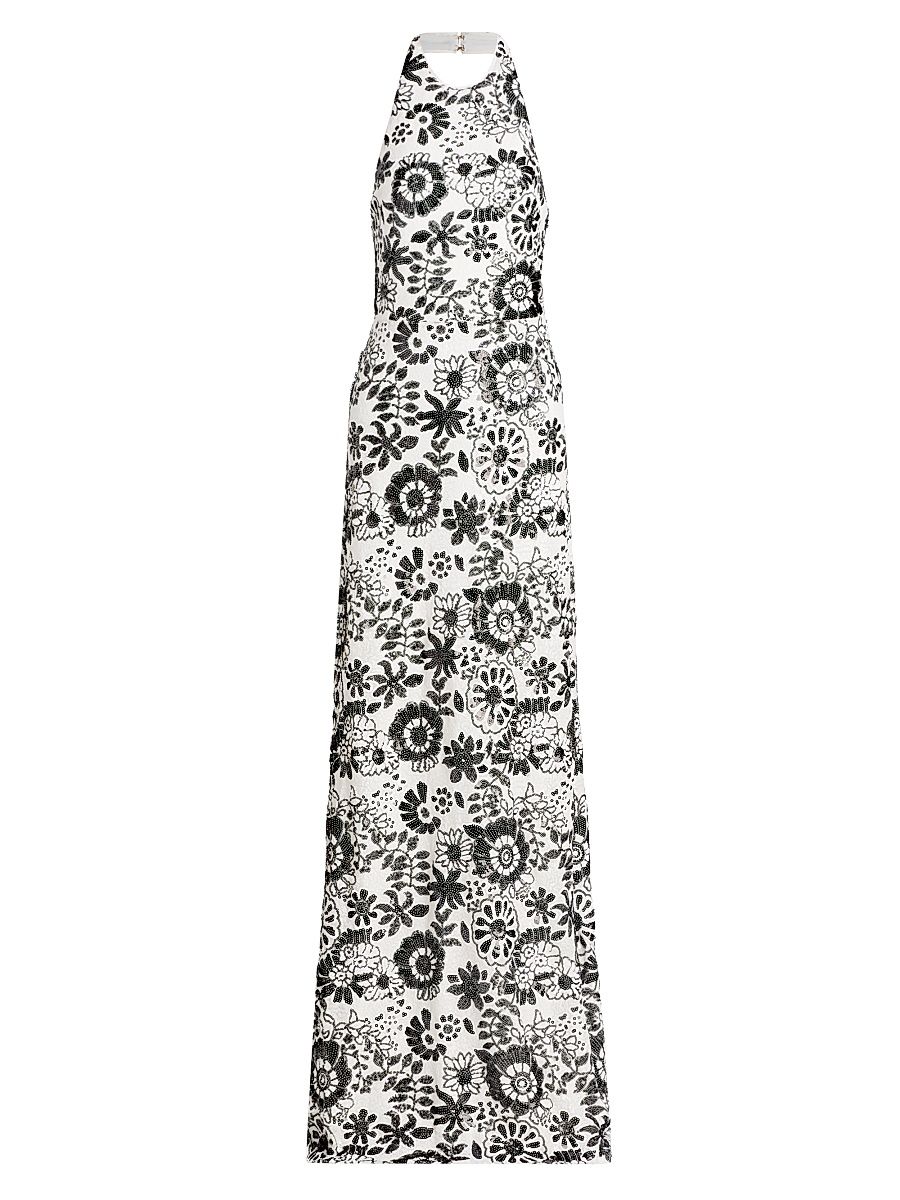 Women's Candice Sequined Floral Halter Gown - Black Sequin Combo - Size 10