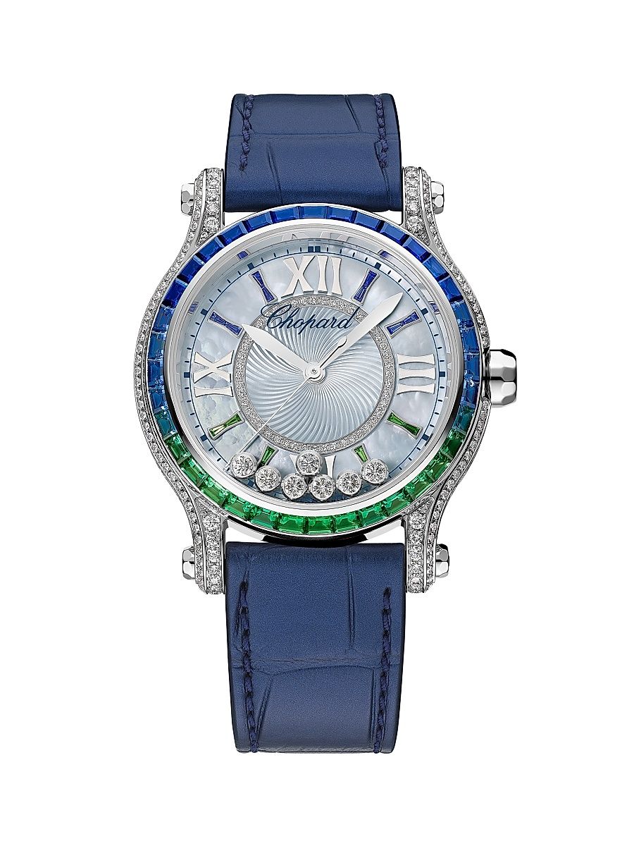 Women's Happy Sport White Gold, 2.53 TCW Diamond, Multi-Gemstone & Leather Watch - Blue