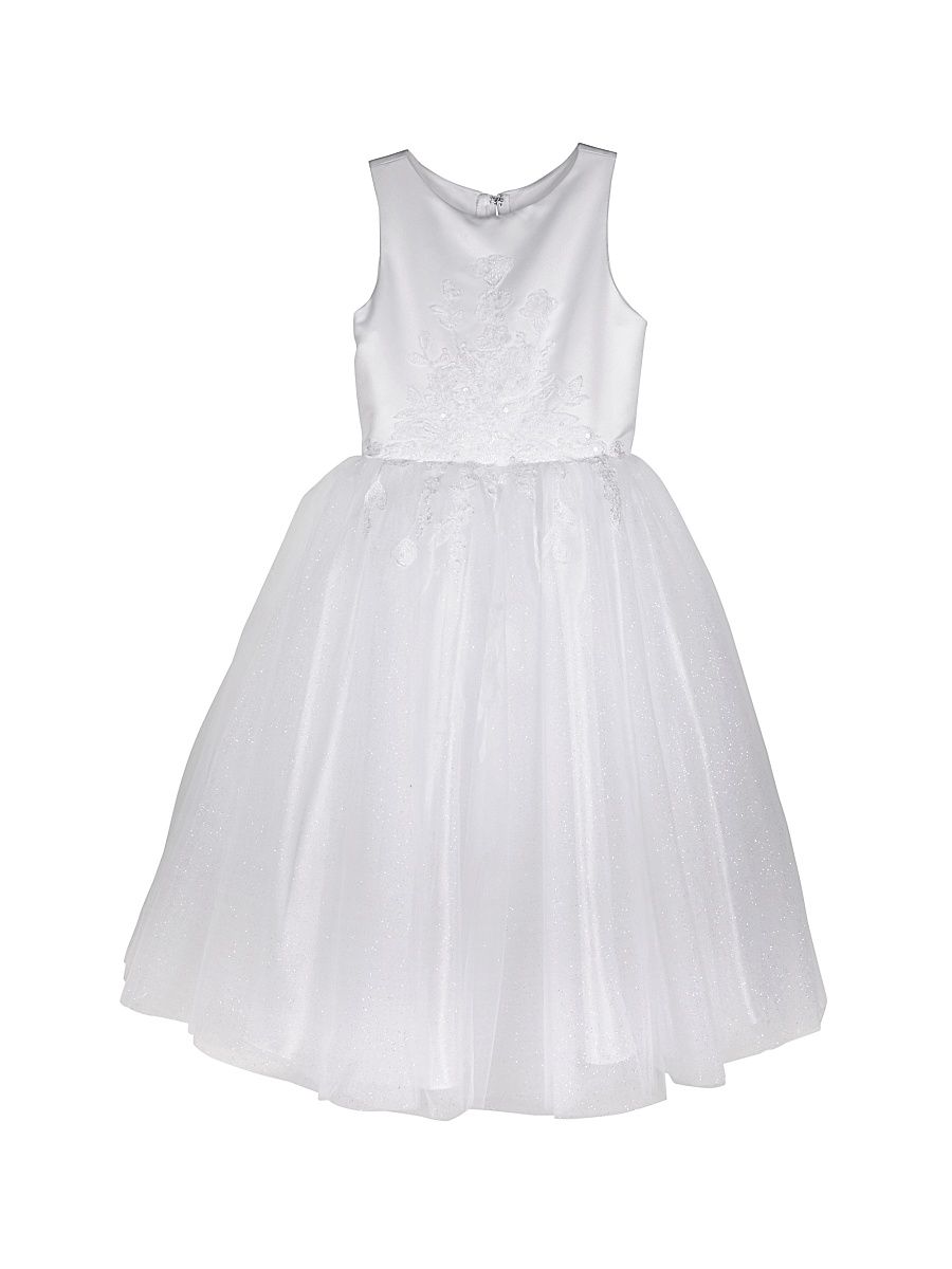 Girl's Embellished Satin & Lace Dress - White Ivory - Size 8