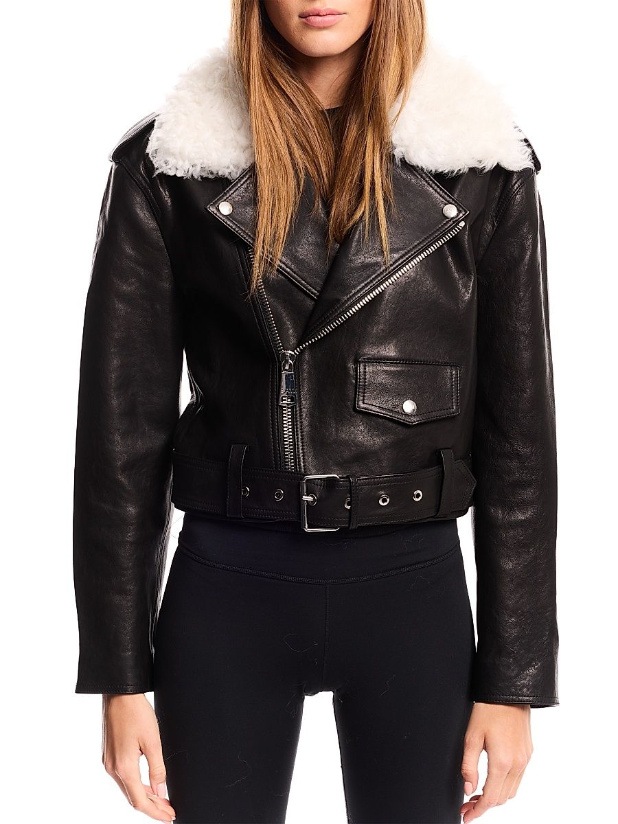 Women's Lainey Leather-Shearling Belted Biker Jacket - Black White Gitana - Size Small