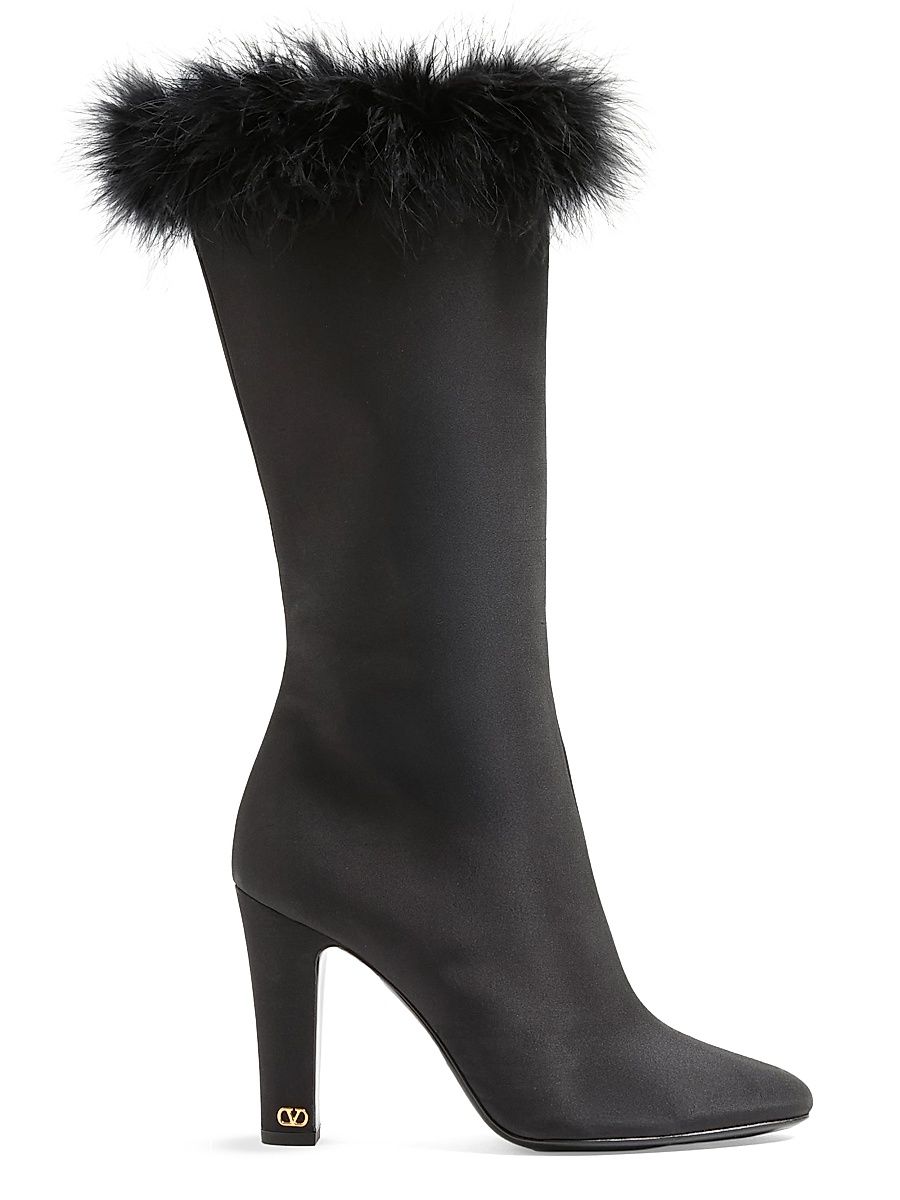 Women's Hotty Shantung Fabric 100MM Boots with Feathers - Black - Size 10.5