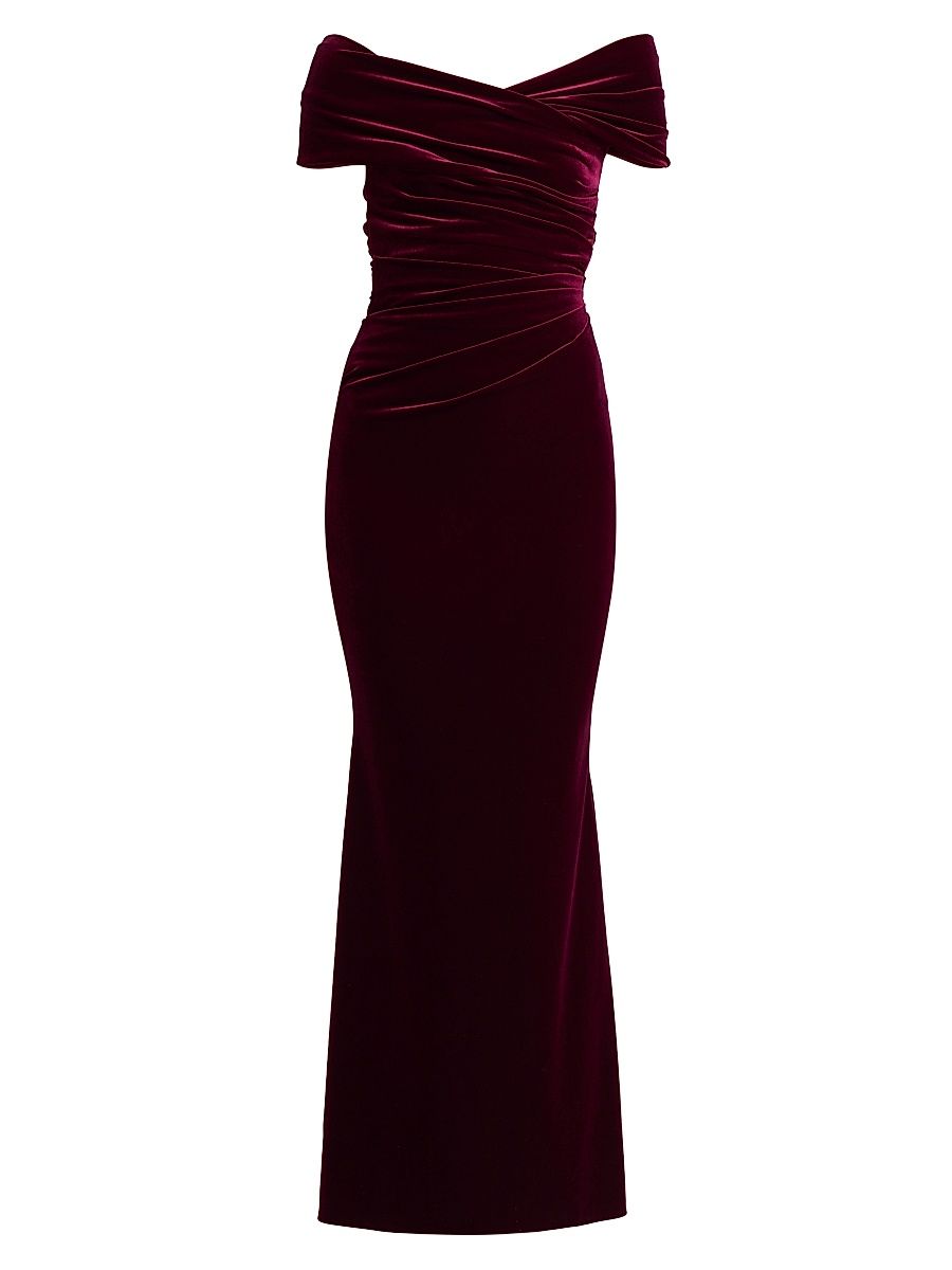 Women's Velvet Off-the-Shoulder Sheath Gown - Burgundy - Size 10