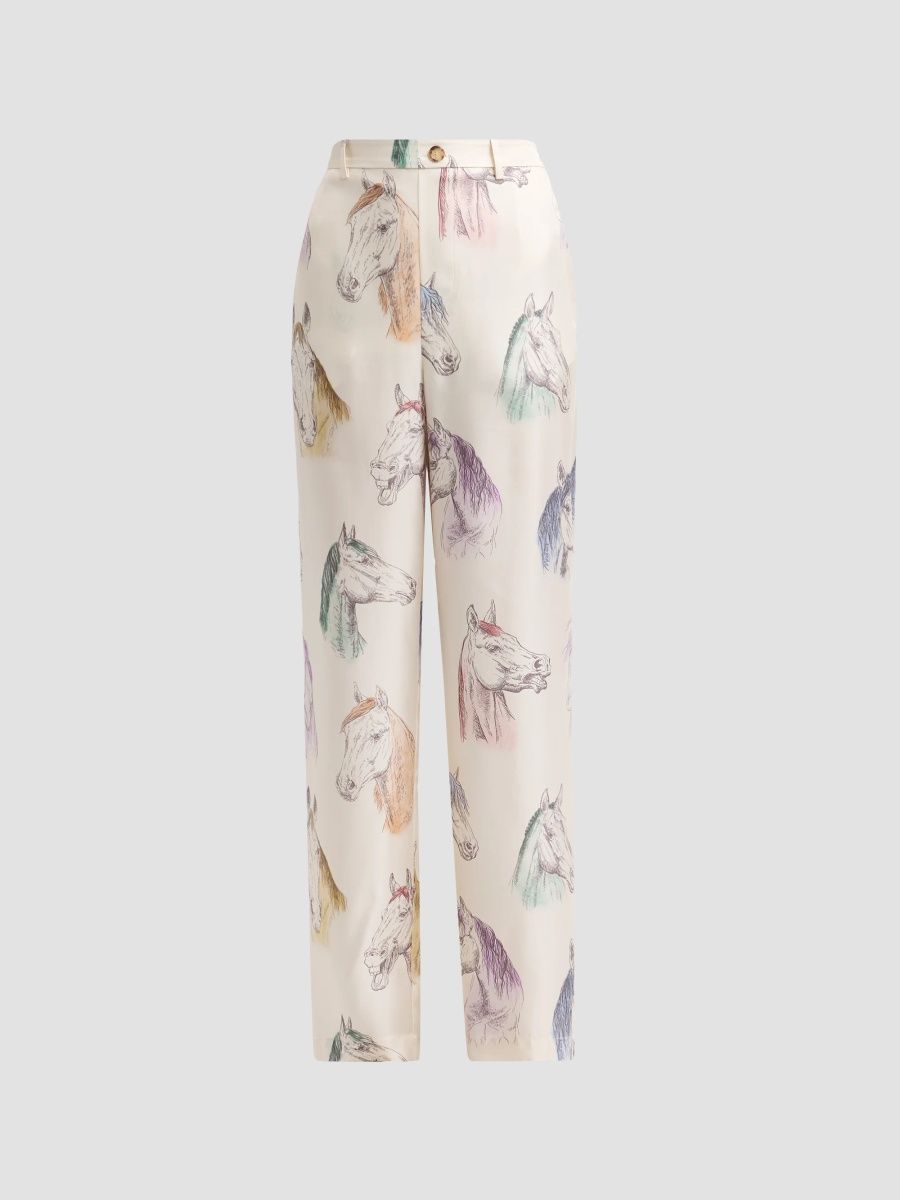 Moschino Women's Horse Print Silk Trousers - Multi Ivory - Size 12